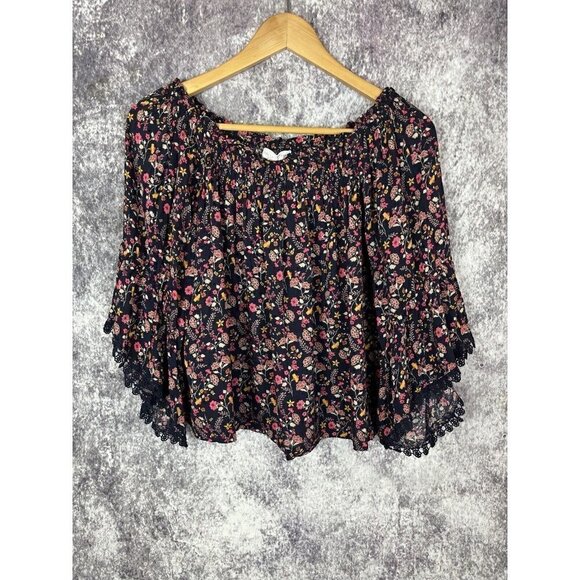 Coco & Jaimeson Blue Floral Peasant Boho Cottage Crochet Bell Blouse Size M EUC - Picture 1 of 15